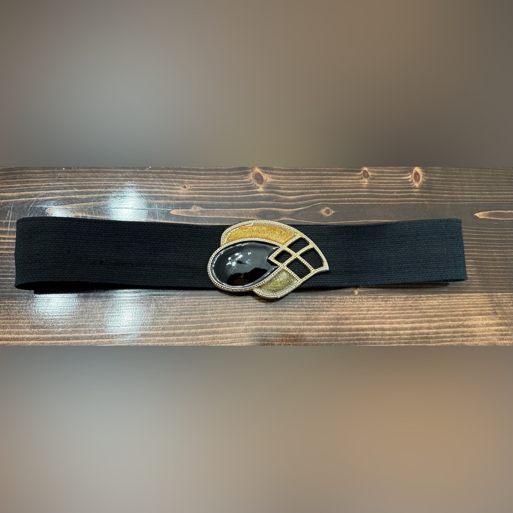 Vintage 80’s Stretch Belt with Black &‎ Gold Art Deco Style Buckle S/M